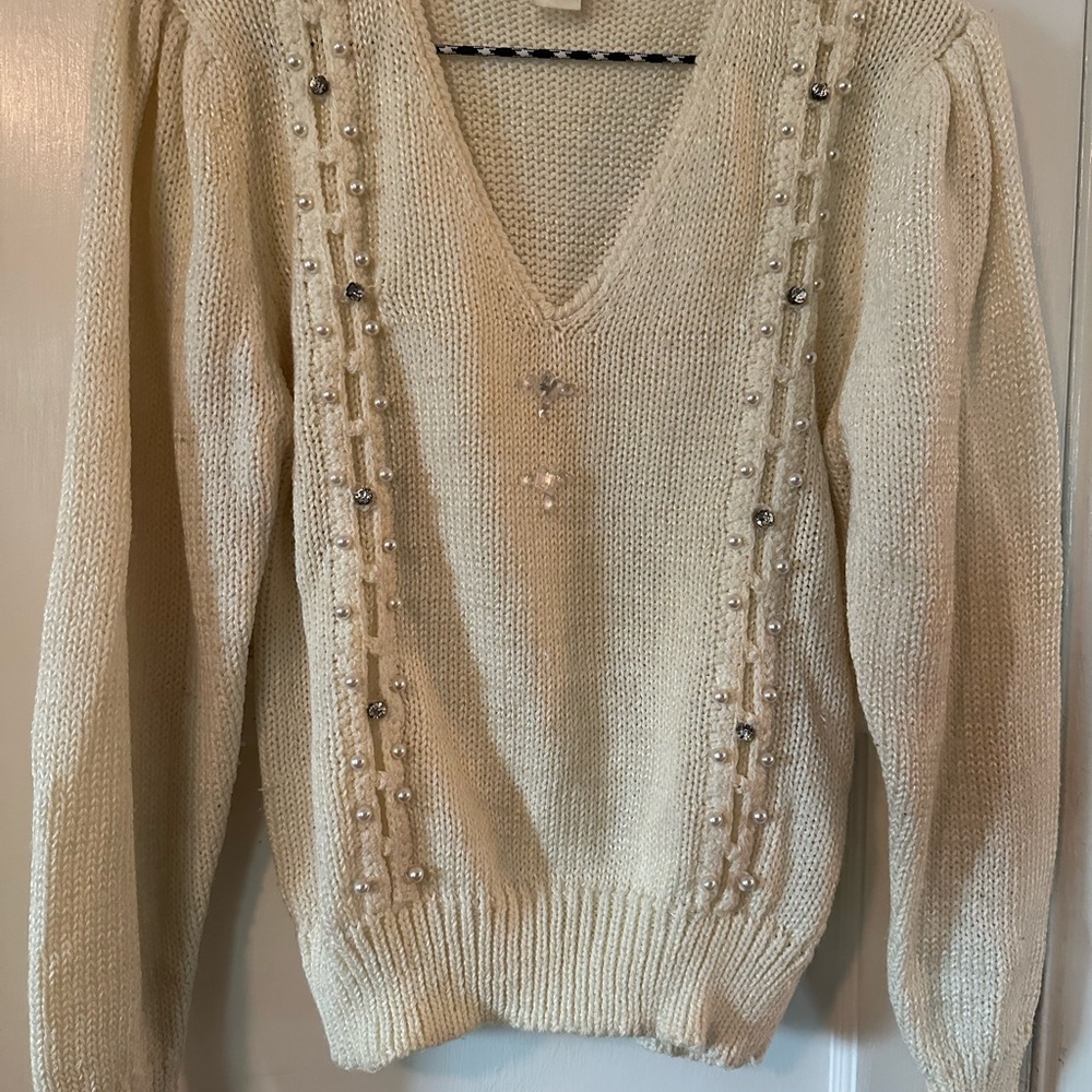 Cream V-Neck Sweater with Lace Trim